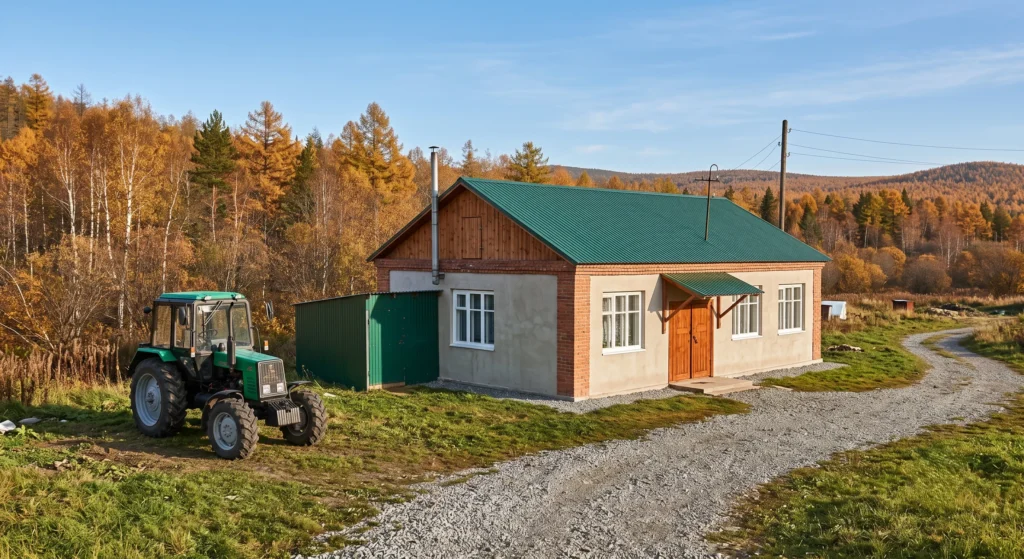 Ухоженное нежилое здание в сельской местности Приморского края на фоне осеннего леса